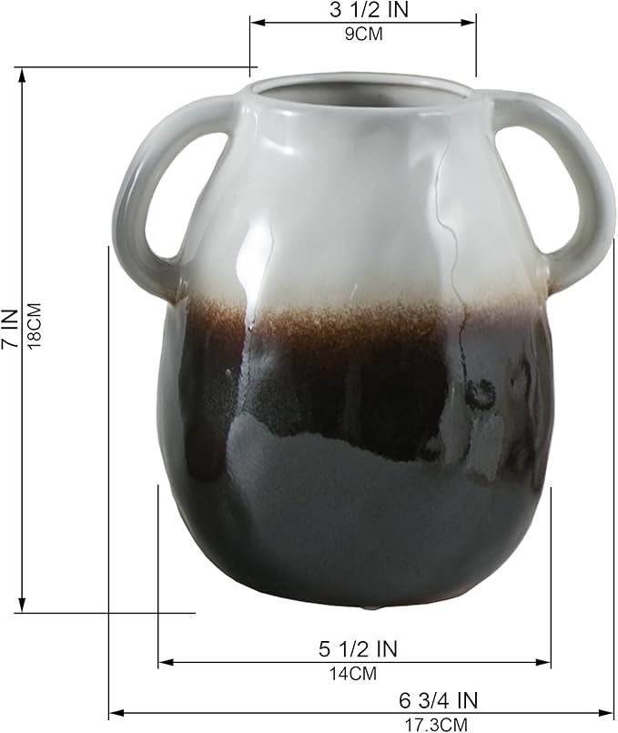 White Gradient Ceramic Vase with 2 Handles, Modern Farmhouse Decor, Rustic Terracotta Pottery, Decorative Flower Vases, Clay Small Vase, Centerpiece for Dining Table - 7 Inch Tall-VerdiqueGarden