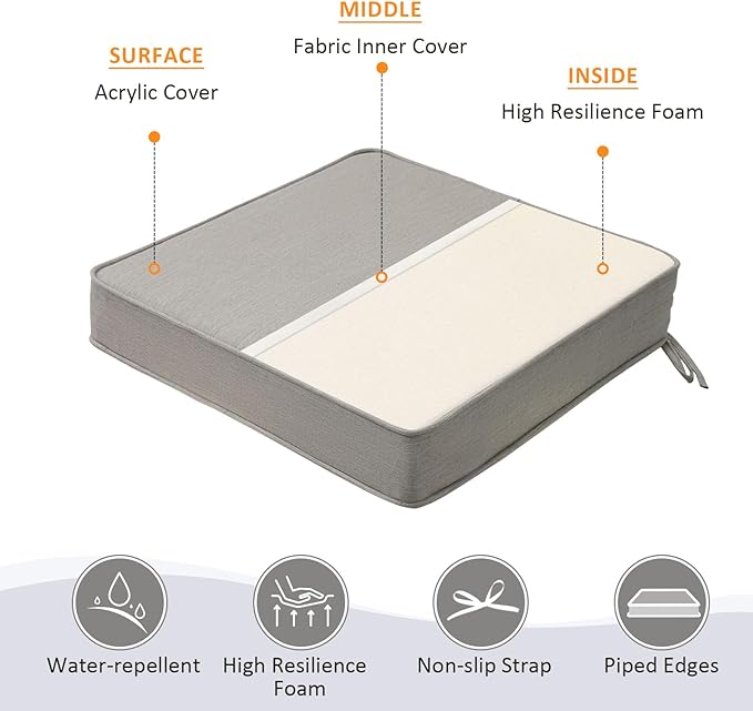 Sunbrella Square Corner Seat Cushions, 18.5" x 16" x 3", Set of 4, Indoor Outdoor Water Repellent Universal Chair Pads with Ties for Patio Furniture, Garden Dining Chairs, Specrtum Pebble-VerdiqueGarden