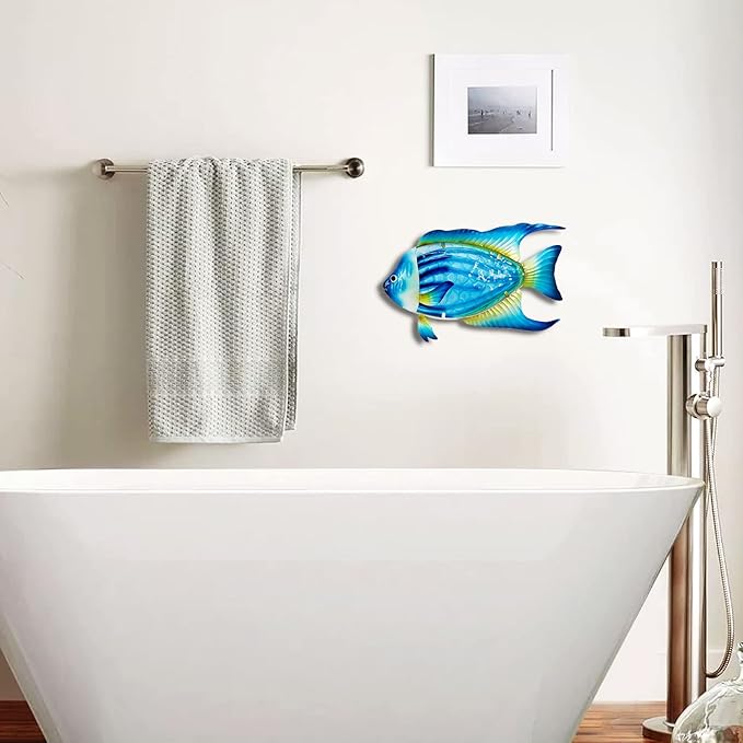 John's Studio Fish Sea Wall Decor Outdoor Metal Garden Hanging Art Glass Sculptures Home Ocean Theme Decorations for Kitchen Bathroom and Pool - Blue-VerdiqueGarden