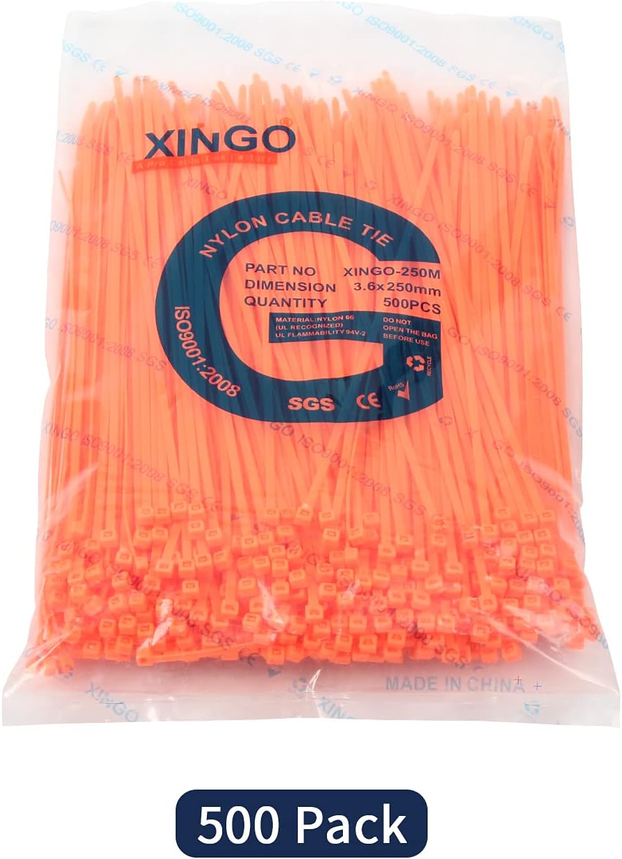 XINGO 10 Inch Cable Zip Ties (500 Pack), 40 Lbs Tensile Strength-Heavy Duty, Self-Locking Nylon Plastic Nylon Wire Ties for indoor and outdoor use(Orange)-VerdiqueGarden