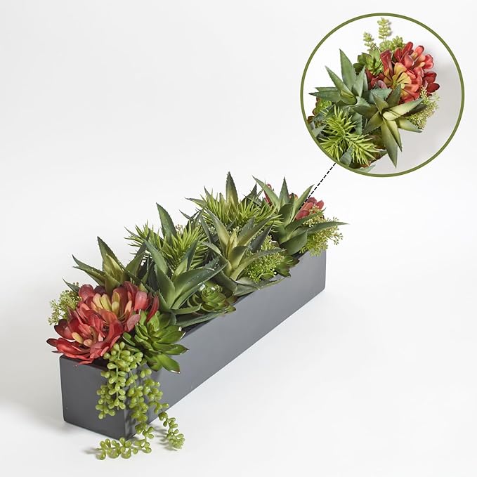 Oblong Faux Succulent Arrangement, Premium Artificial Indoor Plant Enhances Interior Design, Display on any Surface in Your Home Adding an Inviting Touch of Nature, Grey Planter Pot Included-VerdiqueGarden