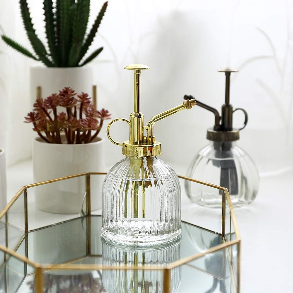 Glass Plant Mister Spray Bottle, Vintage Plant Water Spritzer, Succulent Watering Bottle with Gold Top Pump, Decorative Glass Sprayer Mister Small Watering Can for Indoor Houseplant - Clear-VerdiqueGarden