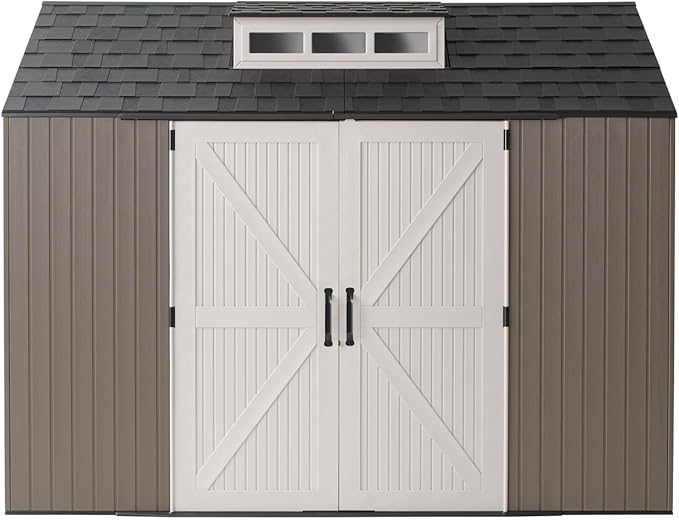 Rubbermaid Extra Large Resin Outdoor Storage Shed With Floor (7 x 10.5 Ft.) Weather Resistant Brown Organization for Home/Lawn Mower/Backyard Equipment/Bike Storage/Pool Supplies-VerdiqueGarden