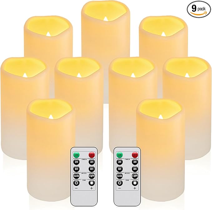 9PACK Outdoor Waterproof Plastic flameless Candles with Remote Control LED Flickering Battery Operated Pillar Candles Cycling 24 Hours Timer (D3 xH5.5) for Camping, Weddings, Party,Home Decoration-VerdiqueGarden