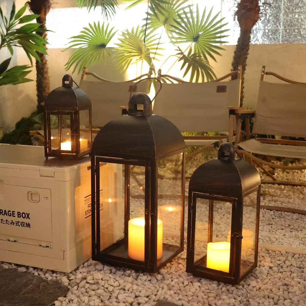 NEEDOMO Lanterns Decorative Outdoor & Indoor, Set of 3 Outdoor Lanterns for Porch, 23" Large Candle Lantern, Bronze Metal Frame with Glass, Vintage Farmhouse, Patio, Pathway, Garden, Fall, Christmas-VerdiqueGarden