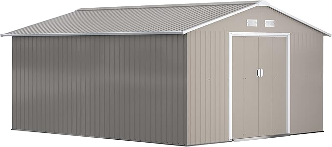 Outsunny 11' x 13' Outdoor Storage Shed, Garden Tool Metal Shed with Foundation Kit, Double Lockable Door, Air Vents and Sloping Roof, for Backyard, Patio, Lawn, Light Gray-VerdiqueGarden