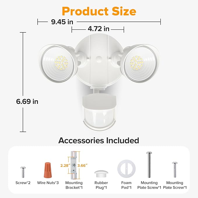 UME LED Security Light Motion Sensor Outdoor Lights, 27W 3000LM, 5000K, IP65 Waterproof, Dusk to Dawn, 2 Head Motion Detector Flood Light for Outside, Garage, Yard (White)-VerdiqueGarden