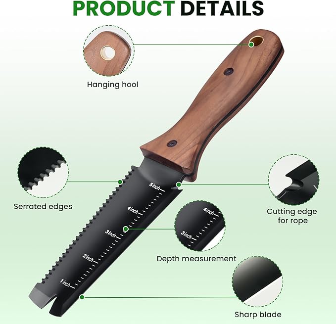 Hori Hori Garden Knife, Garden Tools with Sheath, 6" Stainless Steel Blade with Cutting Edge, Full-Tang Walnut Ergonomic Wood Handle with Hanging Hole, Weeding, Planting, Digging…-VerdiqueGarden