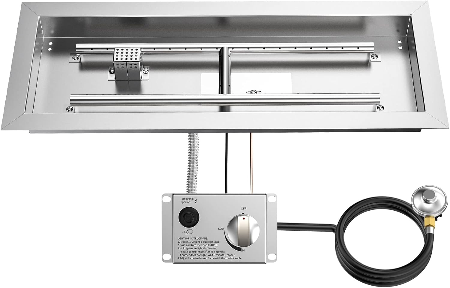 Skyflame Stainless Steel 24" Rectangle Fire Pit Drop-in Burner Kit with Extinguishing Protection Device, Flame Sensing, Electronic Spark Ignition, Gas Hose Connector for Propane-VerdiqueGarden