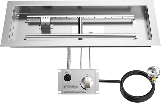 Skyflame Stainless Steel 24" Rectangle Fire Pit Drop-in Burner Kit with Extinguishing Protection Device, Flame Sensing, Electronic Spark Ignition, Gas Hose Connector for Propane-VerdiqueGarden
