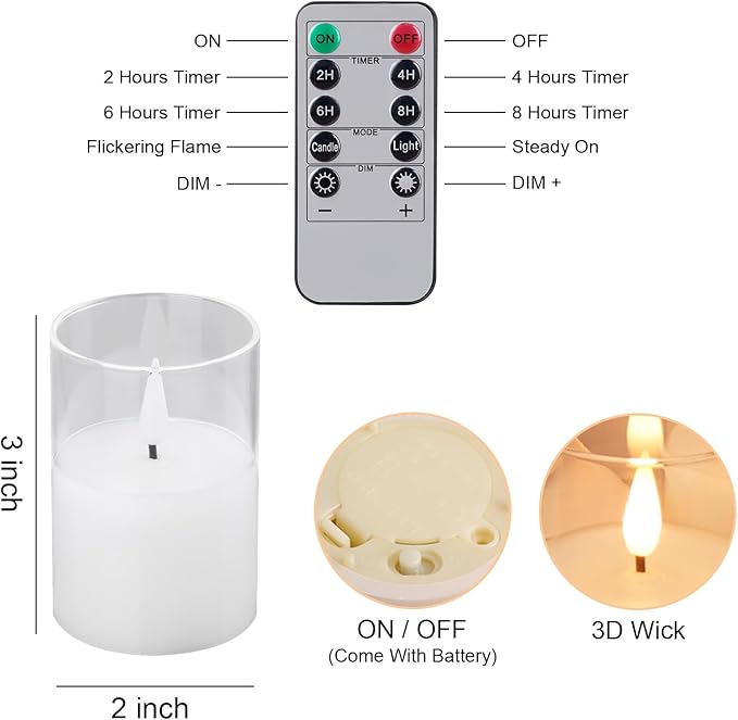 6Pack Glass Flickering Flameless Candles with Remote, 2"X3" Real Wax Votive Candles Battery Operated, Small Electric LED Candles for Wedding Home Decor, w/4 Timers+2 Lighting Modes [Clear]-VerdiqueGarden