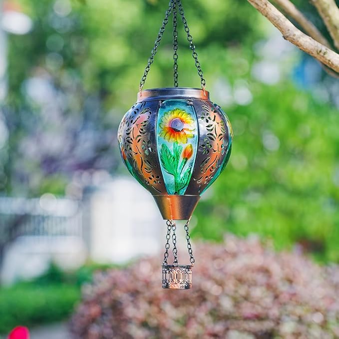 Starsoul Sunflowers Hot Air Balloon Solar Lantern Metal & Glass Solar Hot Air Balloon Hanging Garden Light Waterproof Outdoor Lantern for Patio Yard Party Decorations-VerdiqueGarden