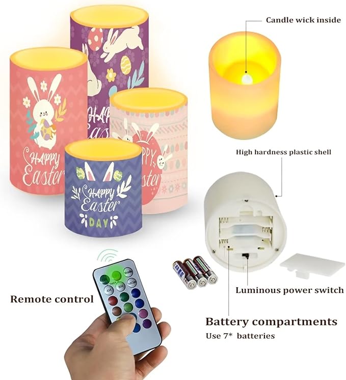 Happy Easter Flameless LED Battery Candles 4PCS Pillar Candles with 18-Key Timer Remote Color Changing Lights for Easter Party Day Celebration Decor, Cute Floral Bunny Rabbit-VerdiqueGarden