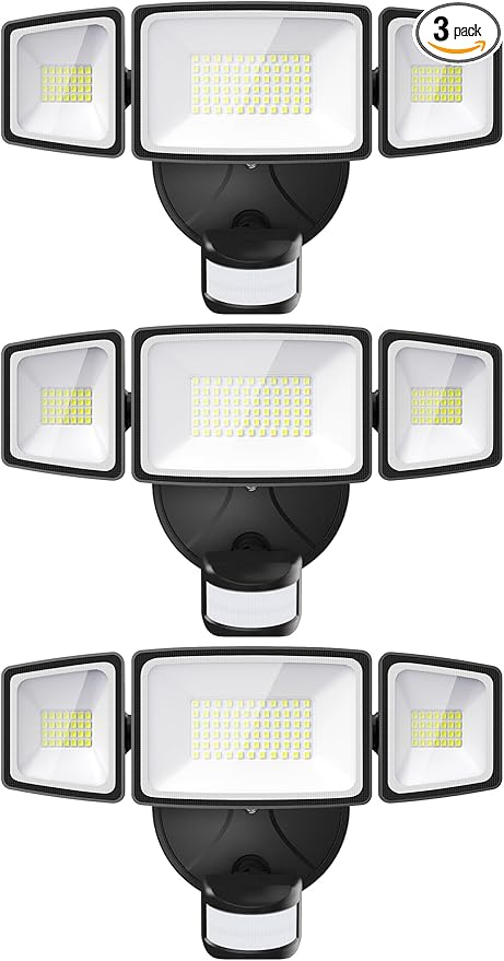 Onforu 3 Pack 65W LED Motion Sensor Outdoor Lights, Security Light Motion Outdoor Flood Light Fixture Detection Detector, 3 Adjustable Heads 6500LM 6500K IP65 Waterproof Exterior Garage Yard (Black)-VerdiqueGarden