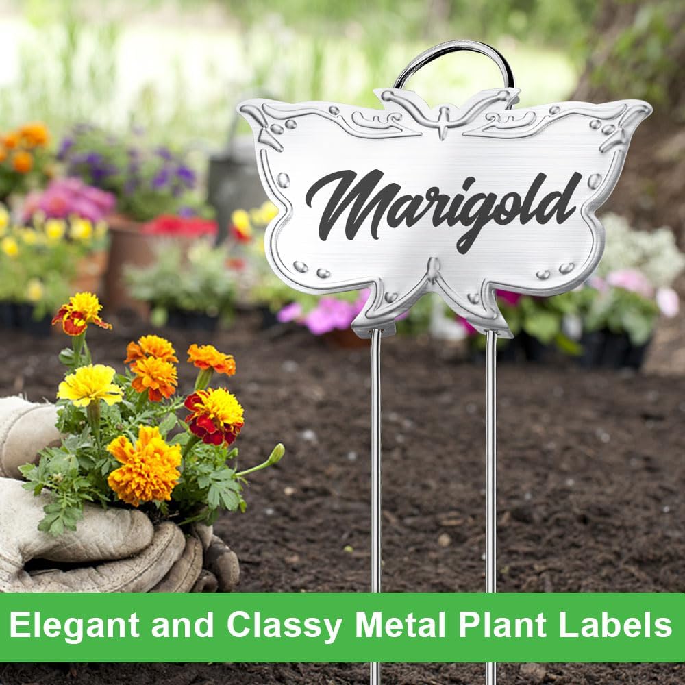 Metal Plant Labels, Tall Outdoor Butterfly Garden Markers for Flowers, Fruits and Vegetables, 304 Stainless Steel Weatherproof Signs (25 Packs, 4" x 2.3", Silver Butterfly Design)-VerdiqueGarden
