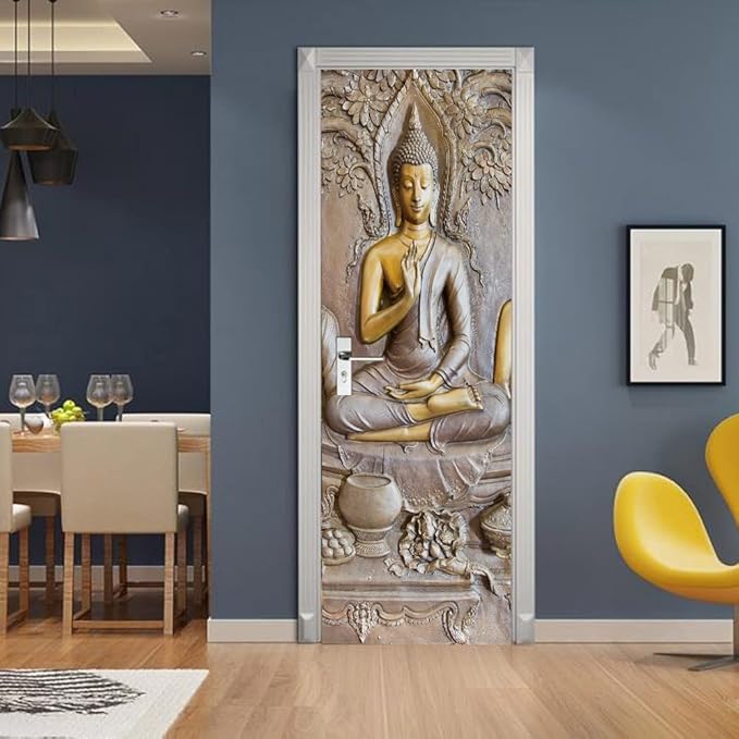 3D Door Stickers Murals - Buddha Statue - Peel and Stick - Waterproof & Washable - Matt Finish - Oriental Style - PVC Material - Door & Wall - 37.4" x 84.6"-VerdiqueGarden