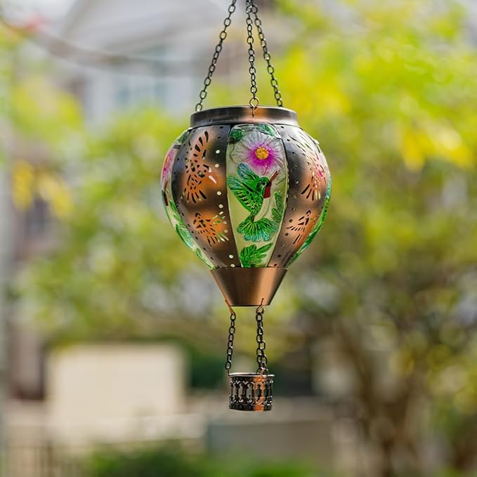 Starsoul Hummingbird Hot Air Balloon Solar Lantern Metal & Glass Solar Hot Air Balloon Hanging Garden Light Waterproof Outdoor Lantern for Patio Yard Party Decorations-VerdiqueGarden