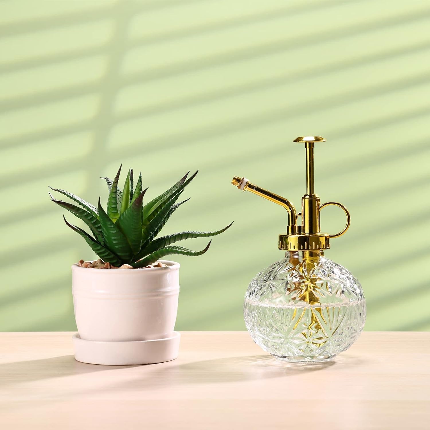 Glass Plant Mister Spray Bottle, 6.5" Clear Glass Water Spray Bottle with Gold Top Pump Small Watering Can, Small Plant Sprayer Mister for Indoor Outdoor House(Clear+Gold E)-VerdiqueGarden