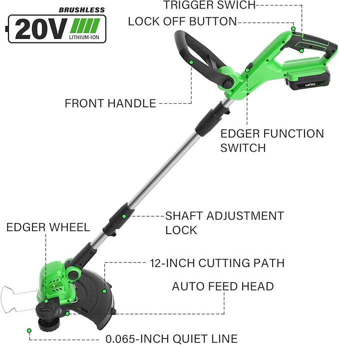 SOYUS Weed Wacker Cordless, 12 Inch String Trimmer Battery Powered with Battery and Charger, Lightweight Edger Trimmer with 8 Pcs Replace Spool Trimmer Lines-VerdiqueGarden