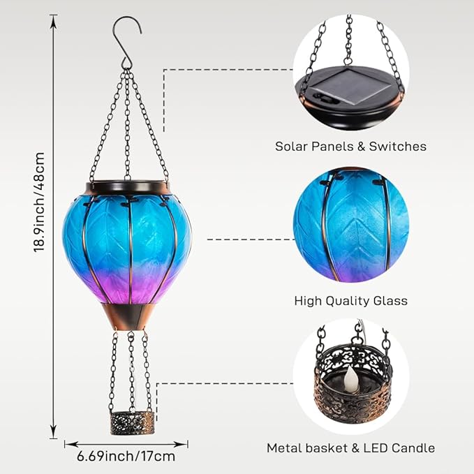 Starsoul 2 PC Blue Hot Air Balloon Solar Lantern with Flame Glass Hanging Outdoor Hot Air Balloon Solar Light Waterproof Garden Patio Yard Party Decorations-VerdiqueGarden