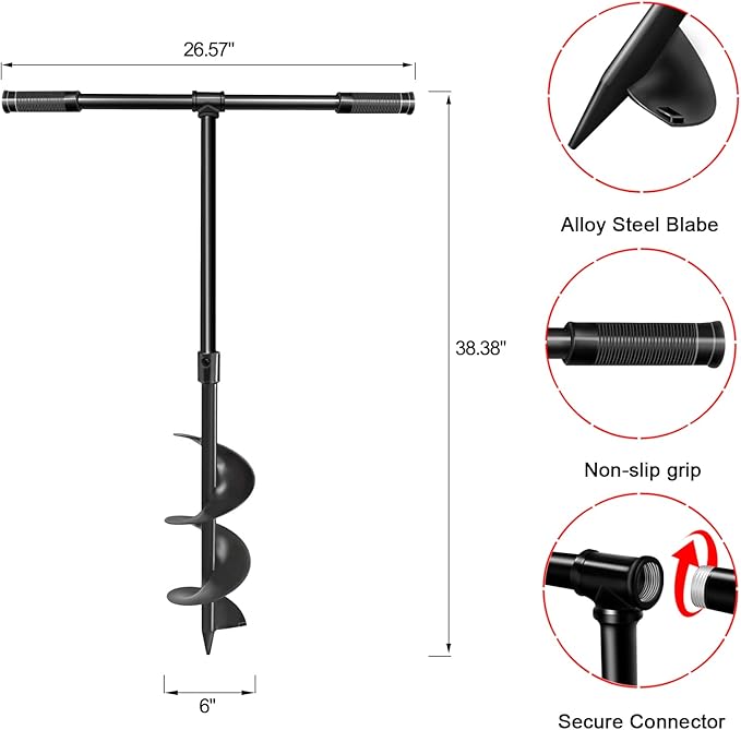 LONGRUN Manual Garden Hole Digging Drill Bit, Hand Drill Auger Post Hole Digger for Planting, Spiral Drill Planter for Bulb, Flower, Tree, Seedlings, Bedding Plants, Umbrella, Fence Holes-6"x 38"-VerdiqueGarden