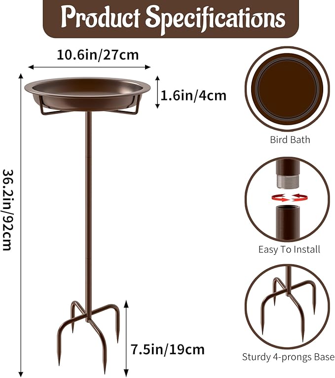 Metal Bird Bath for Outside, 36.2" Height Birdbath Bowl Standing Bird Feeders for Outdoors with 4 Prongs Base Stake, Freestanding Birdfeeders for Garden Yard Lawn Decor (Brown)-VerdiqueGarden