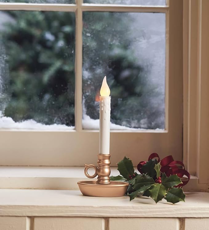 Plow & Hearth Set of 4 AA Battery Operated Window LED Candle Lamps | Auto Timer | Long Lasting Bulbs Never Need Replacing | Holiday Lights | Antique Gold Base | 9 1/2 H-VerdiqueGarden