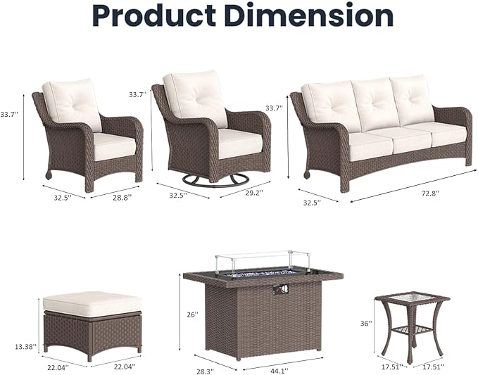 10 Pieces Outdoor Patio Furniture Sets with Rocking Swivel Chairs with 6-inch Thick Cushion and Fire Pit Table for Deck Lawn-VerdiqueGarden