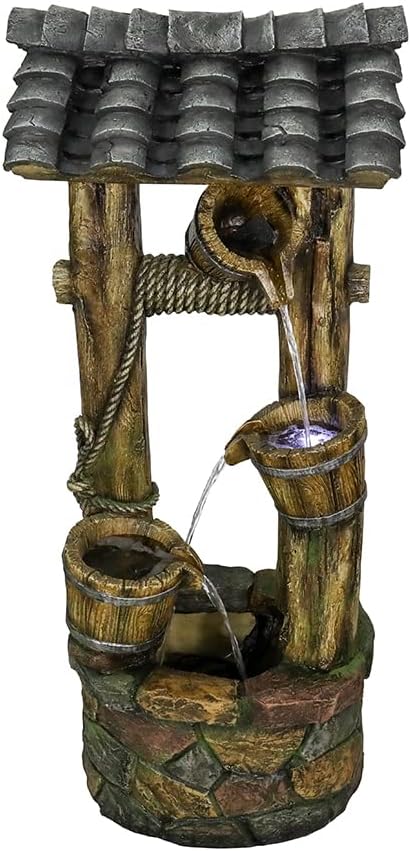 Wishing Well Water Fountain, 39.3inches Rustic Outdoor Water Fountains - Outdoor Cascading Waterfall with Buckets, Pump & Lights for Backyard Patio Decor-VerdiqueGarden