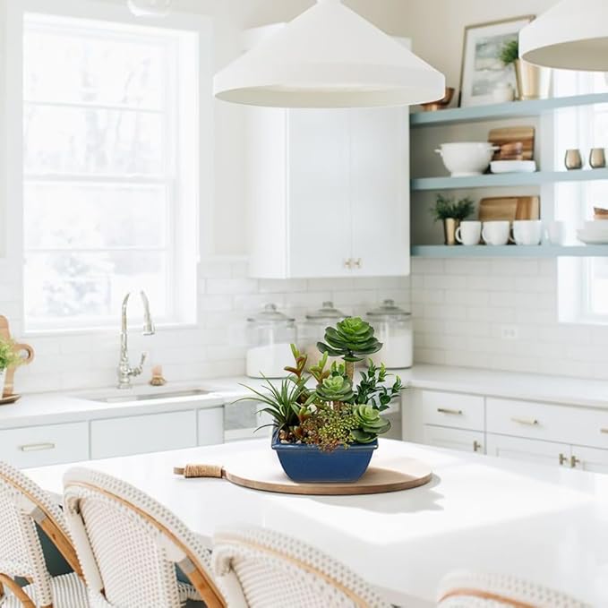 Small Faux Plant Assorted Fake Succulents Plants with Glazed Ceramic Pot Faux Succulents Arrangement Cement Potted Desk Plants Small Fake Plants for Home Table Office Bathroom Shelf Living Room Decor-VerdiqueGarden