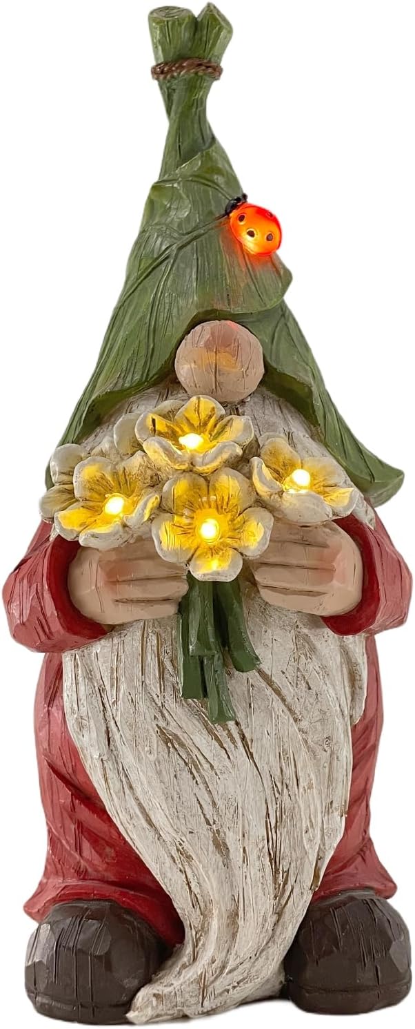 Garden Gnome Statue Outdoor Decor, Solar Garden Gnome Figurine Light, Resin Statues Sculpture for Patio Yard Lawn Outdoor Decorations-VerdiqueGarden