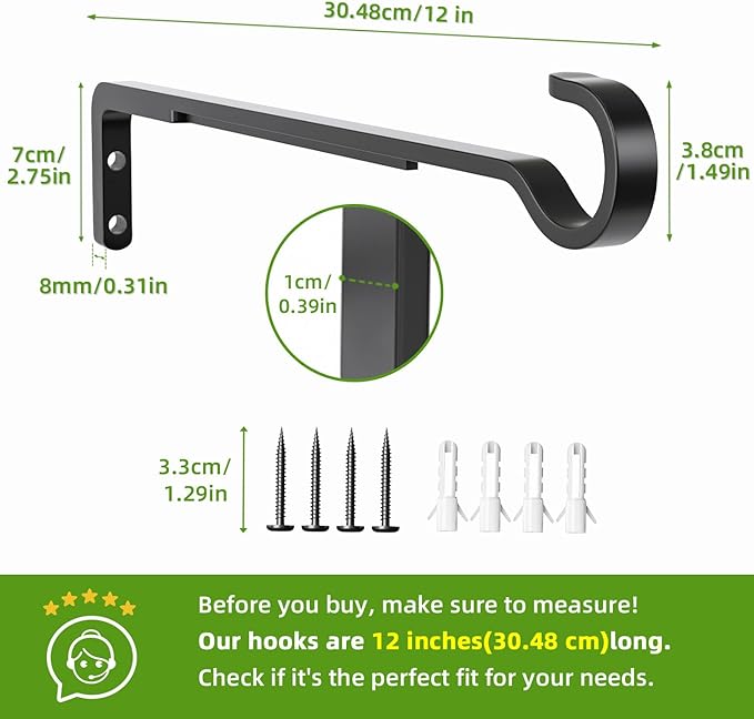 12 Inch Black Heavy Duty Outdoor Plant Hangers for Hanging Baskets, Iron Hanging Plant Brackets for Hanging Plants Outside, Metal Plant Hooks Plant Wall Hooks for Hanging Lantern, Bird Feeder (2 pcs)-VerdiqueGarden