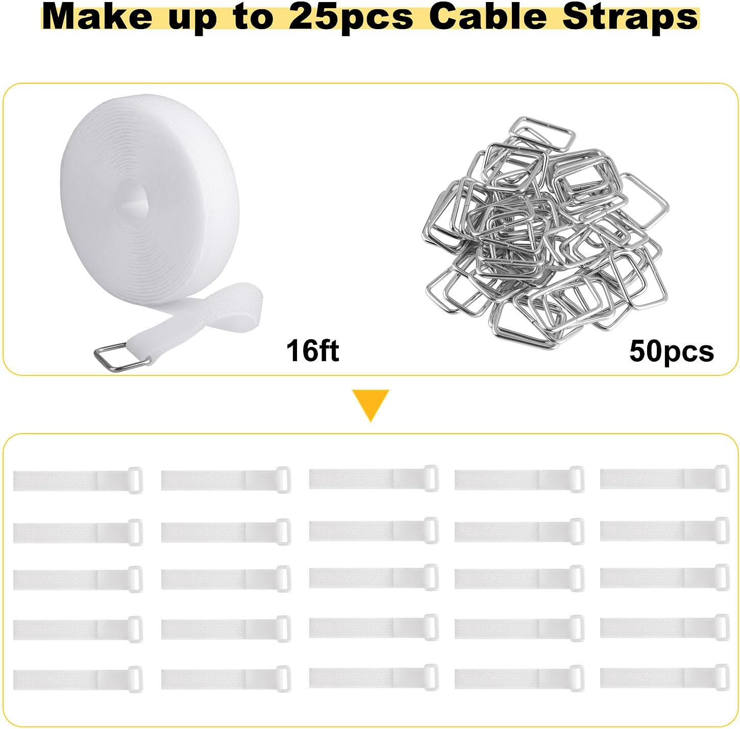 1"x16ft Hook and Loop Straps with 25 Metal Buckles, Adjustable Fastening Cable Straps, Cut-to-Length Cinch Strap, Reusable Nylon Securing Cord Ties for Organizer or Storage, 1 inch Wide, White-VerdiqueGarden