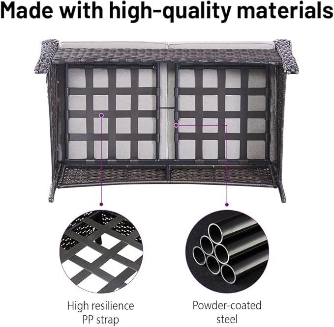 5 Piece Outdoor Patio Furniture Set - Wicker Furniture Patio Conversation Set, Outdoor Swivel Rocker Chairs with Loveseat Sofa and 2 Ottomans for Small Space, Gray Cushion-VerdiqueGarden