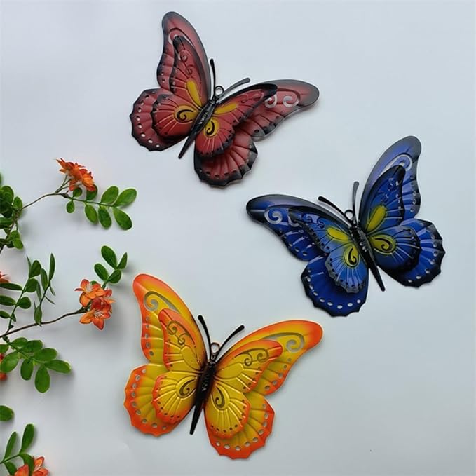 3 Pcs Metal Butterfly Wall Decor, Colorful Animal Wall Panel - Perfect Home Decor Accent with Yellow, Red, and Blue Butterfly (Butterfly)-VerdiqueGarden