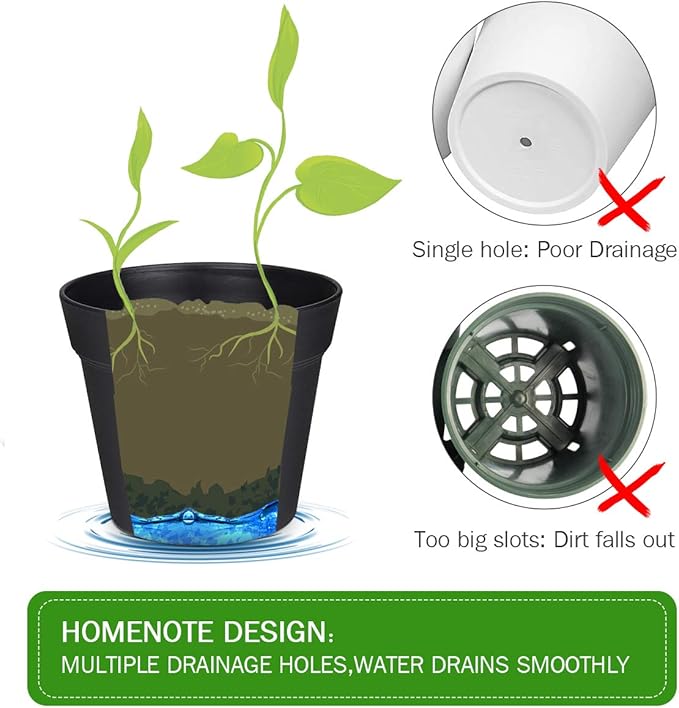 Homenote Pots for Plants, 15 Pack 6 Inch Plastic Planters with Multiple Drainage Holes and Tray,Plant Pots for All Home Garden Flowers Succulents (Black)-VerdiqueGarden