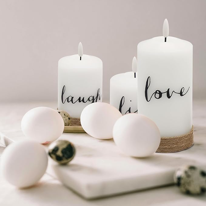 Battery Operated Flameless Flickering Candles with Remote Timer, LED Real Wax Pillar Candlesticks with Realistic 3D Wick, Set of 3 Live Laugh Love Home Decor(D3xH4 5" 6")-VerdiqueGarden