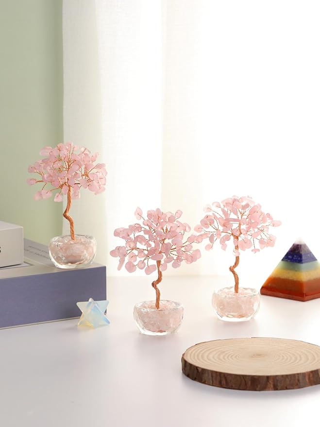 Jovivi Small Rose Quartz Crystal Tree, Natural Crystal Healing Stones Tree Glass Bowl Base Gemstone Money Trees Feng Shui Good Luck Home Desk Decor-VerdiqueGarden