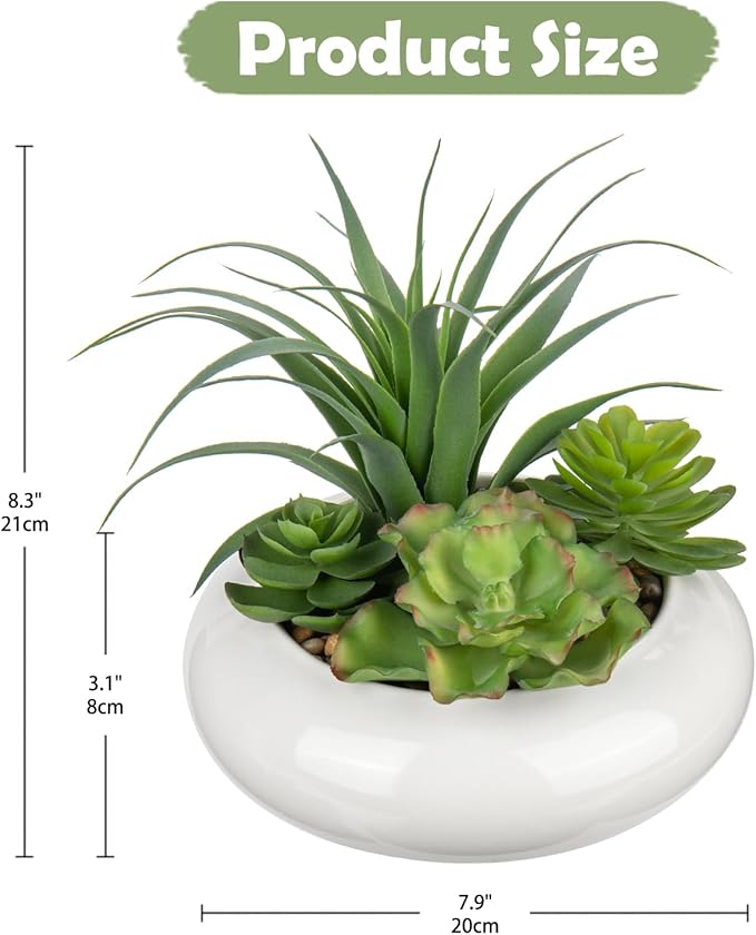 Large Artificial Succulents Plants Faux Succulents in Pots Fake Succulent Arrangement Potted Plants with White Ceramic Pot for Office Desk Bathroom Shelf Living Room Indoor & Outdoor Home Decor-VerdiqueGarden