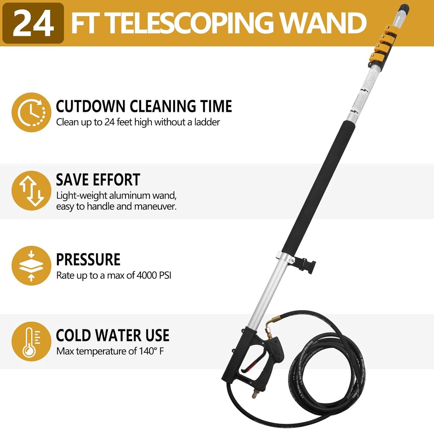 Tecoloy 24 FT Telescoping Pressure Washer Wand with Power Washer Extension Wand, Support Belt, Gutter Cleaner Attachment, 5 Spray Nozzle Tips and 2 Hose Inlet Adapters-VerdiqueGarden