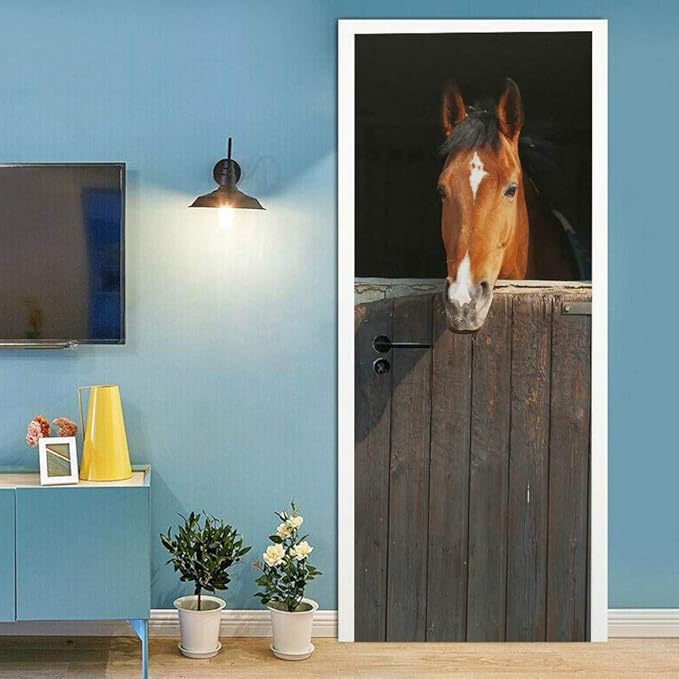 Horse 3D Door Stickers Murals - Peel & Stick - Waterproof & Washable - Matt Finish - Realistic Style - Adults - Wall & Door - 37.4" x 82.7"-VerdiqueGarden