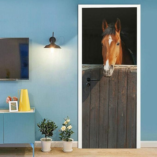 Horse 3D Door Stickers Murals - Peel & Stick - Waterproof & Washable - Matt Finish - Rustic Style - Animal Print - Rectangular - 33.9" x 78.7" - 2 Pieces-VerdiqueGarden