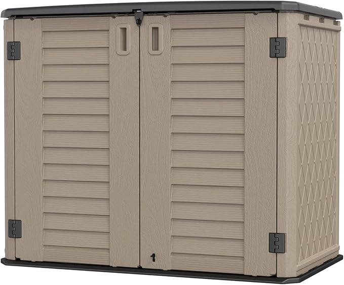 KINYING Outdoor Storage Shed - Horizontal Storage Cabinet Waterproof for Garden, Patio, Backyard, Storage Box for Easy Storage of Garbage Cans, Tools, Lawn Mower, 35 Cubic Feet,Dark Brown-VerdiqueGarden
