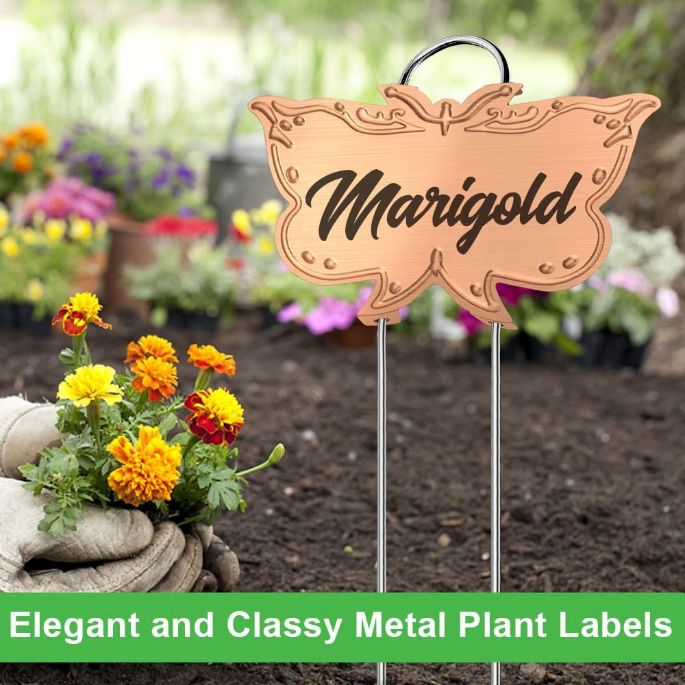 Metal Plant Labels, Tall Outdoor Butterfly Garden Markers for Flowers, Fruits and Vegetables, 304 Stainless Steel Weatherproof Signs (25 Packs, 4" x 2.3", Gold Butterfly Design)-VerdiqueGarden