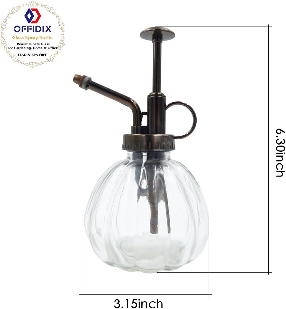 OFFIDIX Transparent Glass Watering Spray Bottle, 6.3 Inches Tall Vintage Style with Bronze Plastic Top Pump One Hand Plant Mister Glass Watering Can Indoor-VerdiqueGarden