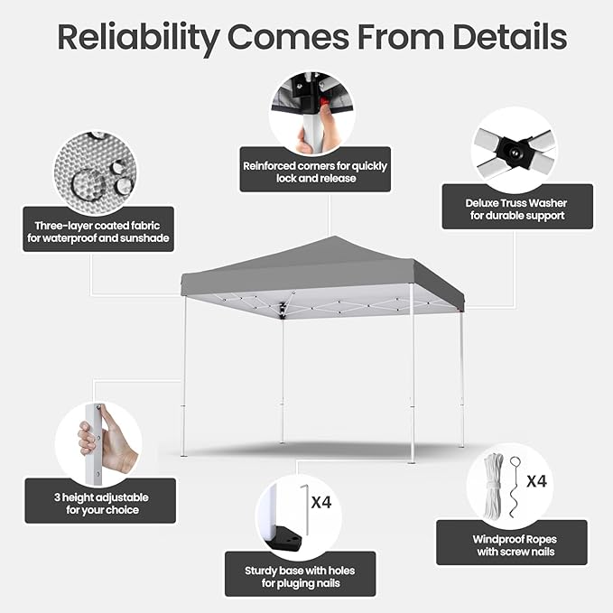 10x10ft Pop Up Canopy Tent,Heavy Duty Waterproof Folding Tent for Camping Parties Events Parties,Outdoor Canopy,Portable Sun Shelter,3 Adjustable Height(Grey)-VerdiqueGarden