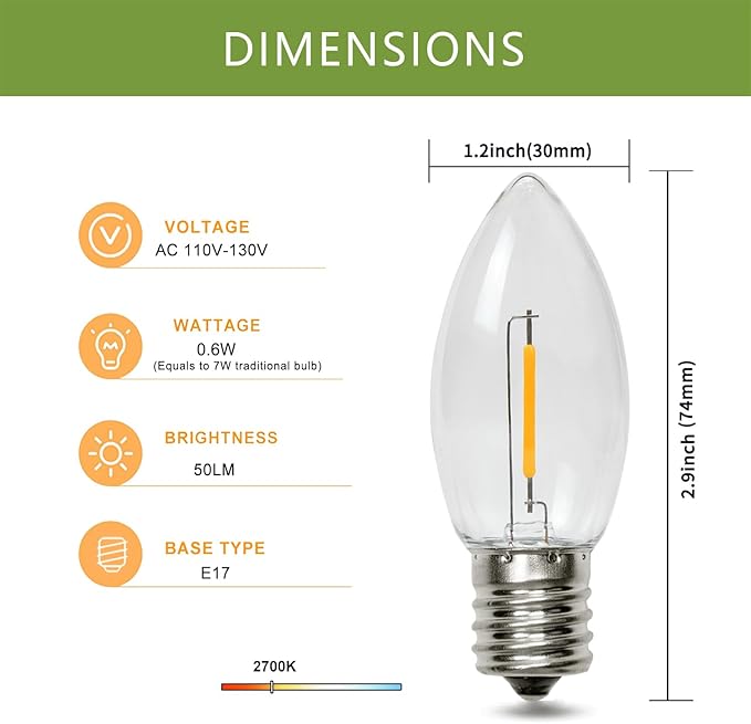25 Pack C9 LED Replacement Christmas Light Bulbs, Soft White 2700K Waterproof Shatterproof Outdoor String Lights Vintage LED Filament Bulb, E17 Base, Commercial Grade Holiday Decoration Bulbs-VerdiqueGarden