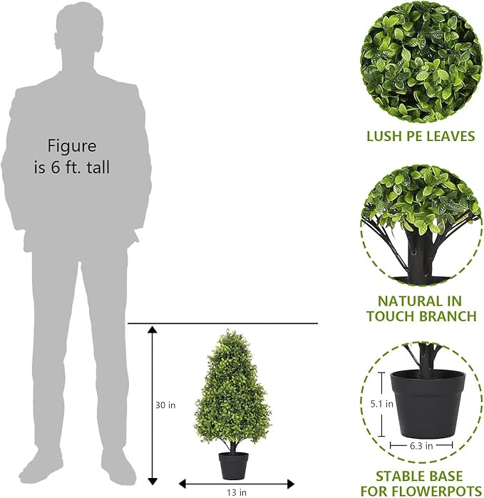 30" Artificial Boxwood Faux Plants Outdoor, UV Resistant Topiary Trees Realistic Cone-Shaped Fake Bushes and Shrubs Potted Fakeplants Set of 2 for Front Porch Patio Outside Planter Decor-VerdiqueGarden