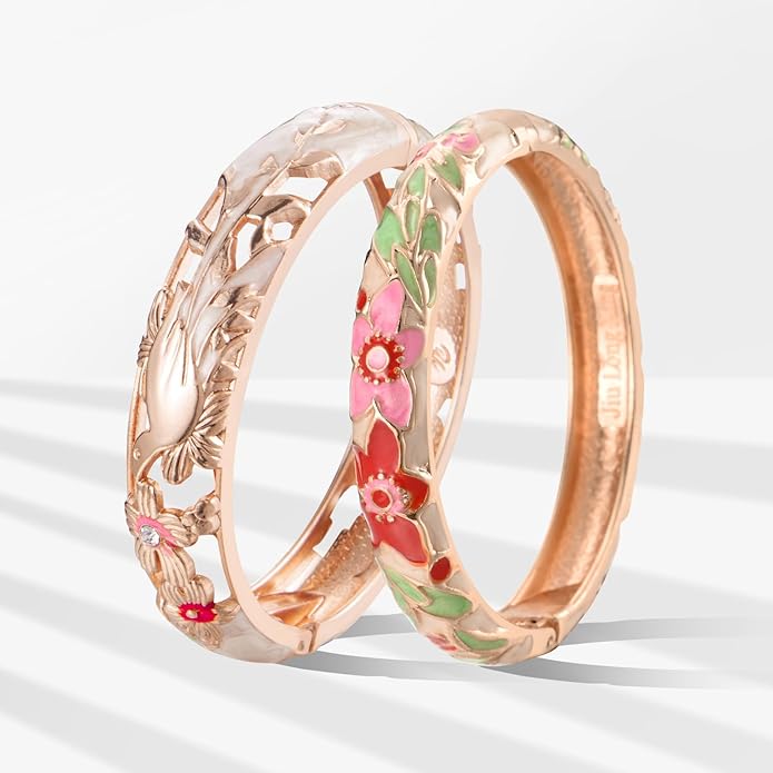 wynameleri Vintage Cloisonne Jewelry Gorgeous Rhinestone Handcrafted Bracelets Enamel Flower Bird Hinged Cuff Bangles Gifts 88A