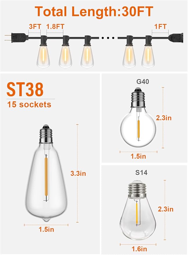 Gpatio 30ft Waterproof Patio Lights With 16 Dimmable Hanging Lights Globe ST38 Bulbs, 2700k Shatterproof Connectable For Backyard Gazebo Porch Garden Commercial Outside Decor-VerdiqueGarden